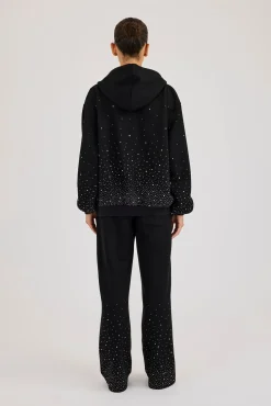 Oversized Rhinestone Zip Hoodie & Wide Leg Jogger - Black
