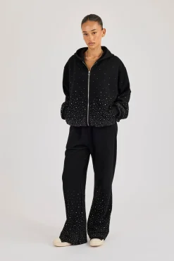 Oversized Rhinestone Zip Hoodie & Wide Leg Jogger - Black