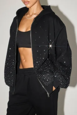 Oversized Rhinestone Zip Hoodie - Black