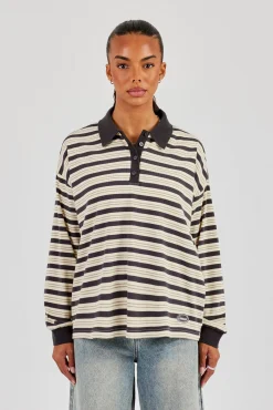 Oversized Textured Stripe Polo Top - Grey