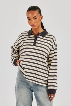 Oversized Textured Stripe Polo Top - Grey