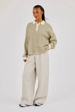 Oversized Textured Stripe Polo Top - Khaki