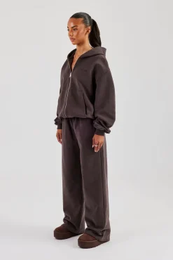 Oversized Zip Through Hoodie & Wide Leg Jogger - Coffee
