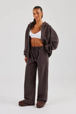 Oversized Zip Through Hoodie & Wide Leg Jogger - Coffee
