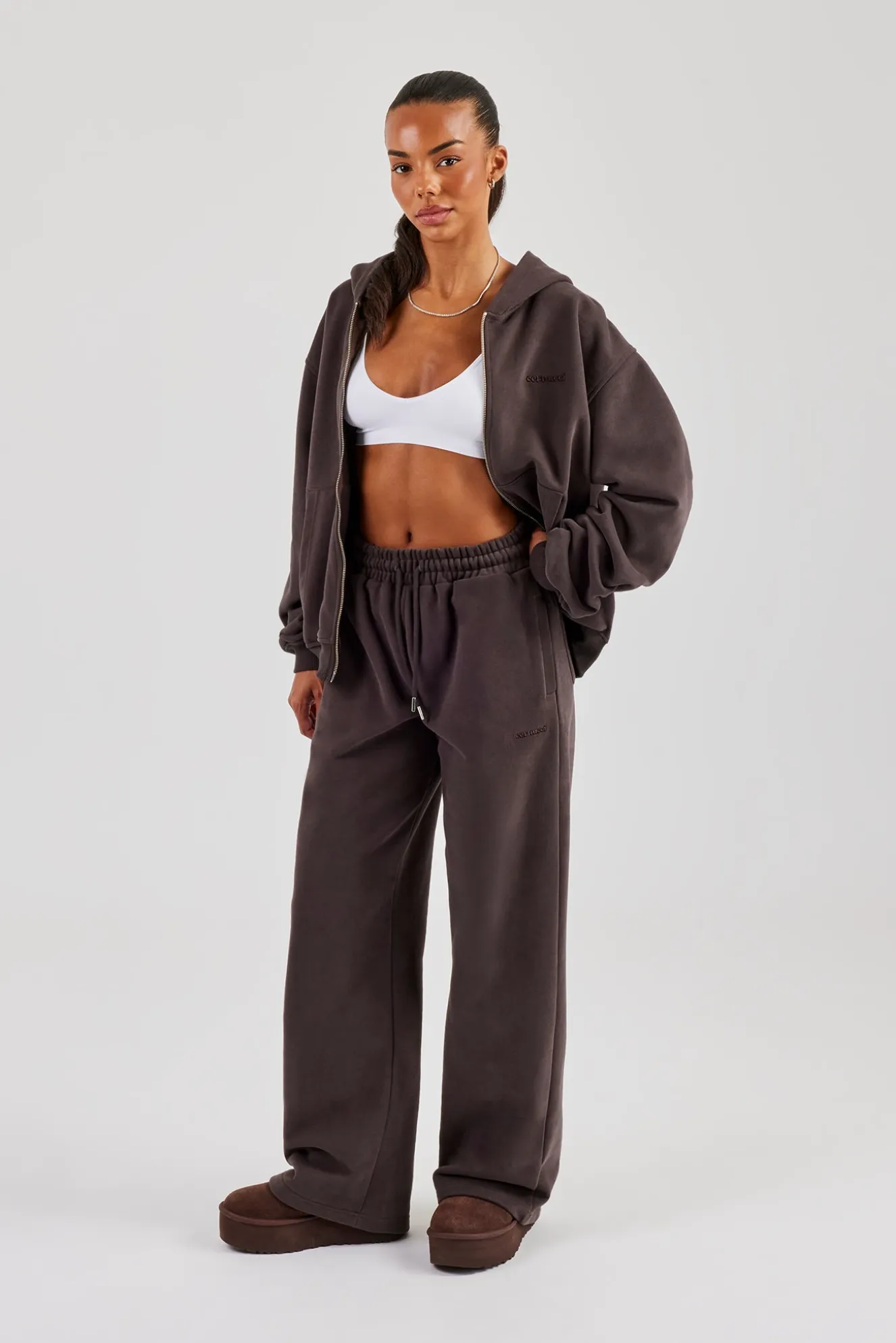 Oversized Zip Through Hoodie & Wide Leg Jogger - Coffee