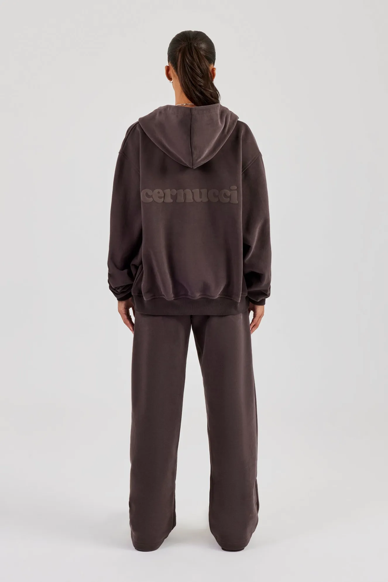 Oversized Zip Through Hoodie & Wide Leg Jogger - Coffee