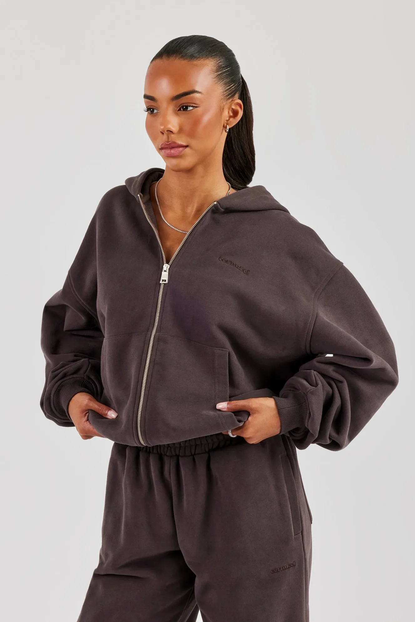 Oversized Zip Through Hoodie - Coffee