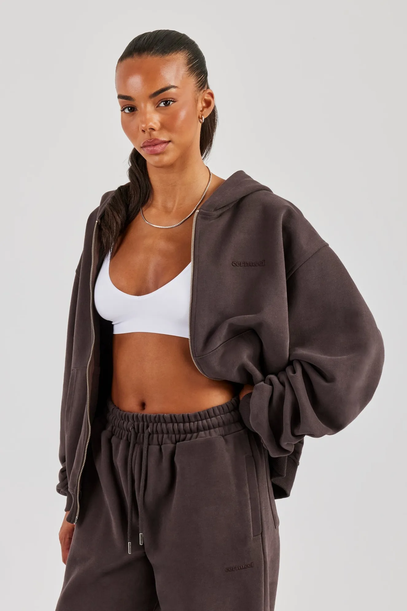 Oversized Zip Through Hoodie - Coffee