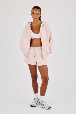 Oversized Zip Through Hoodie & Embroidered Short - Dusty Pink