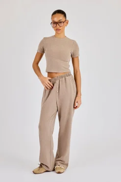 Peached Soft Touch Button Detail Trouser - Taupe
