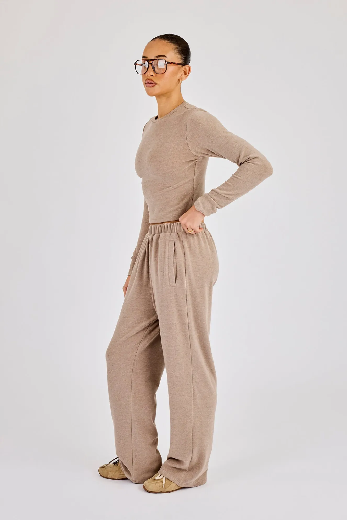 Peached Soft Touch Long Sleeve Top & Trouser - Taupe