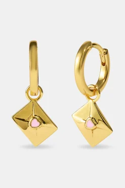 Pink Enamel Envelope Drop Hoop Earrings - 8mm - Gold