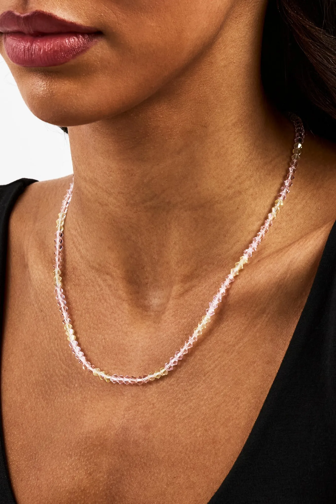 Pink & Lemon Glass Bead Necklace - 4mm - White