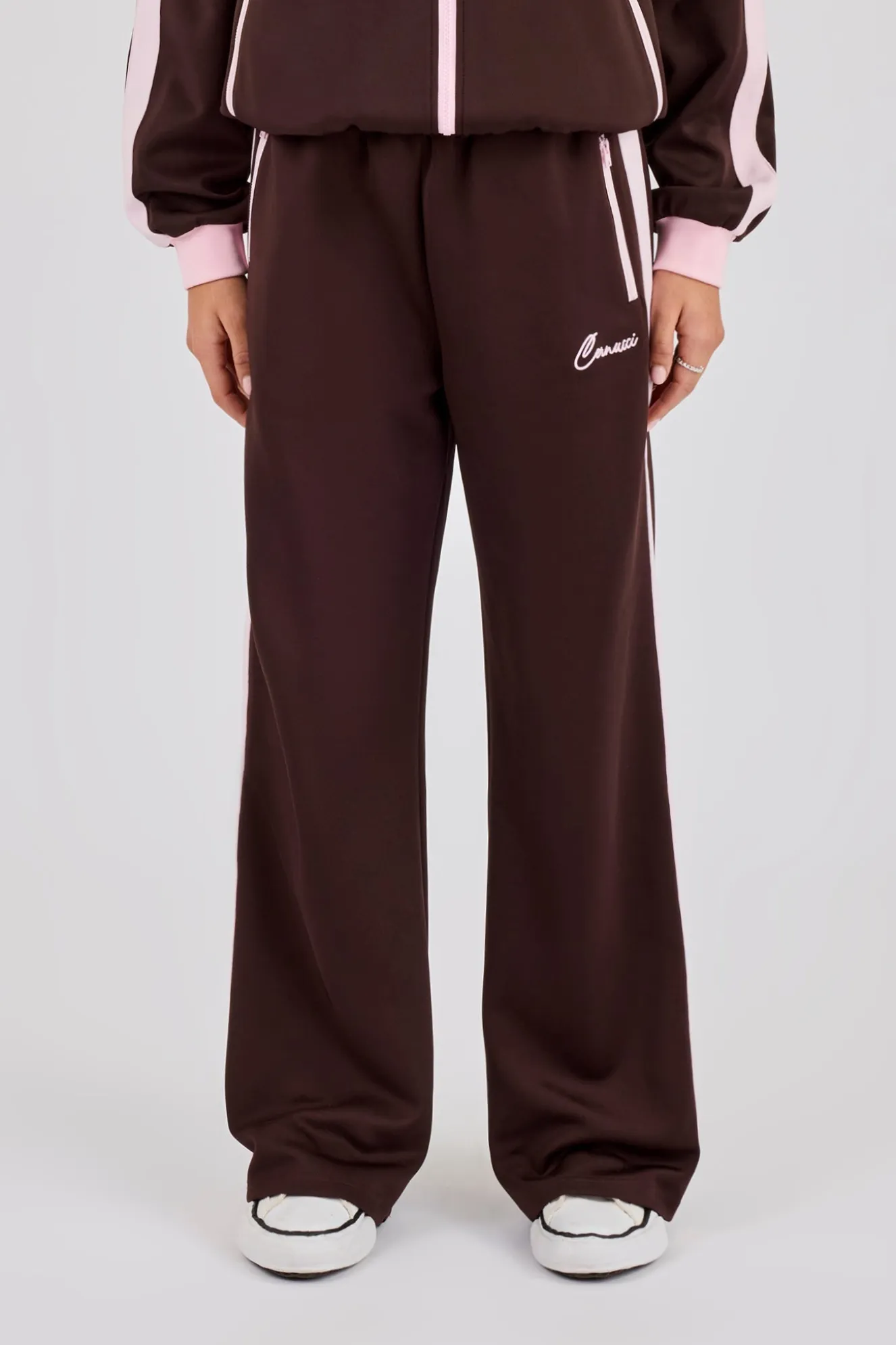 Pink Rib Contrast Track Pant - Chocolate