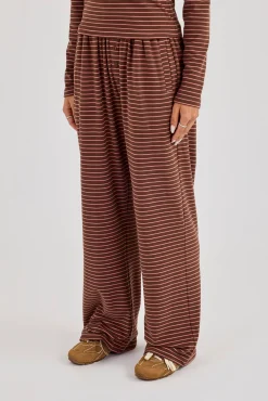 Pink Stripe Soft Touch Button Detail Wide Leg Jogger - Chocolate