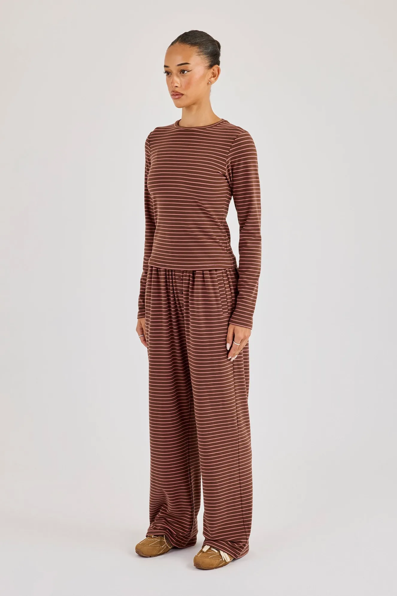 Pink Stripe Soft Touch Long Sleeve Top & Button Detail Wide Leg Jogger - Chocolate