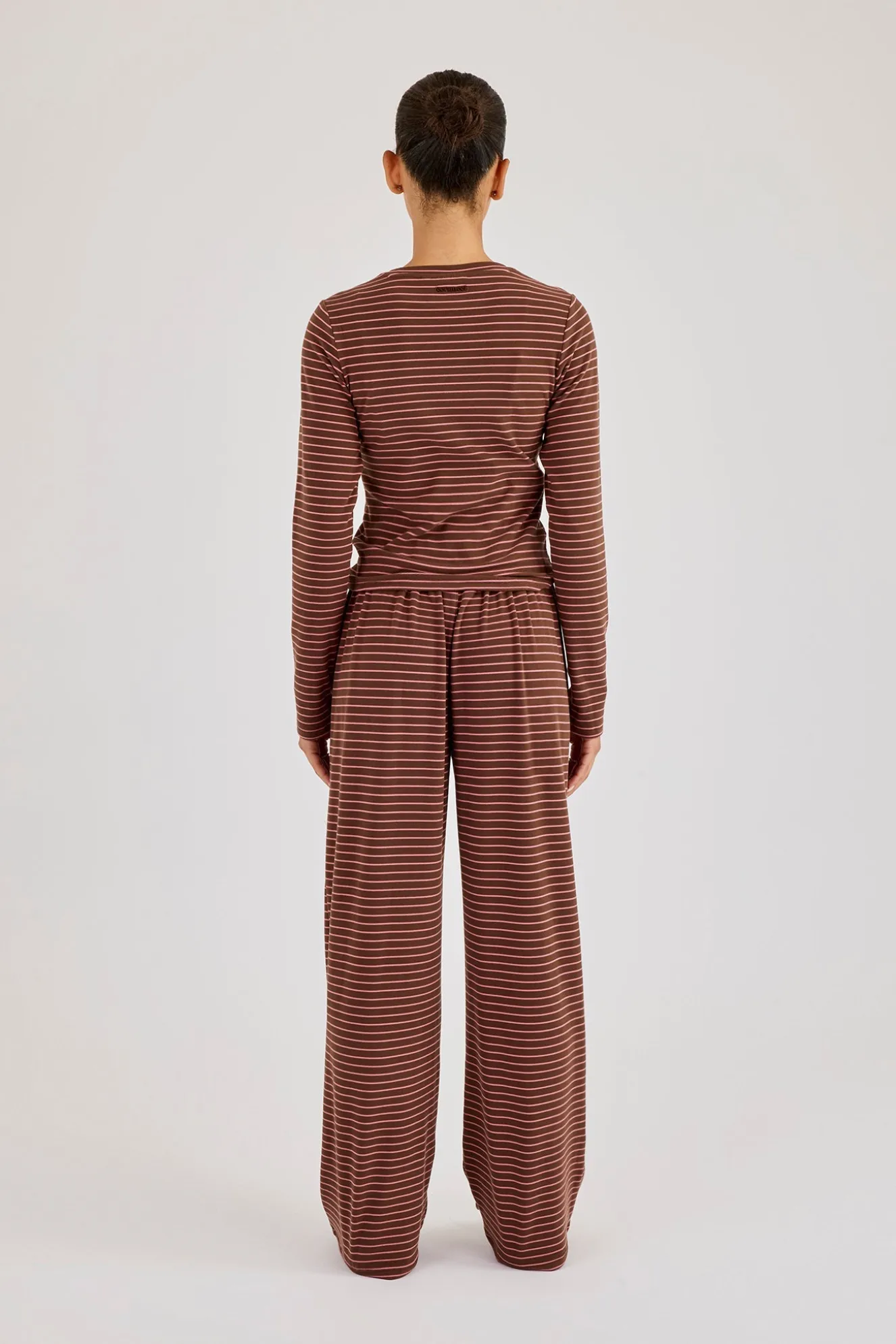 Pink Stripe Soft Touch Long Sleeve Top & Button Detail Wide Leg Jogger - Chocolate