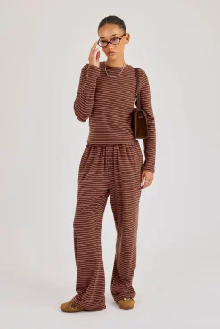 Pink Stripe Soft Touch Long Sleeve Top & Button Detail Wide Leg Jogger - Chocolate