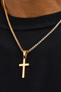 Plain Cross Pendant Tennis Necklace - 12mm - Gold