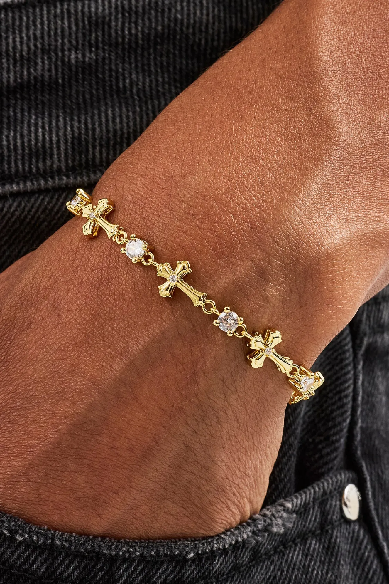 Polished Cross & Circular CZ Bracelet - 4mm - Gold