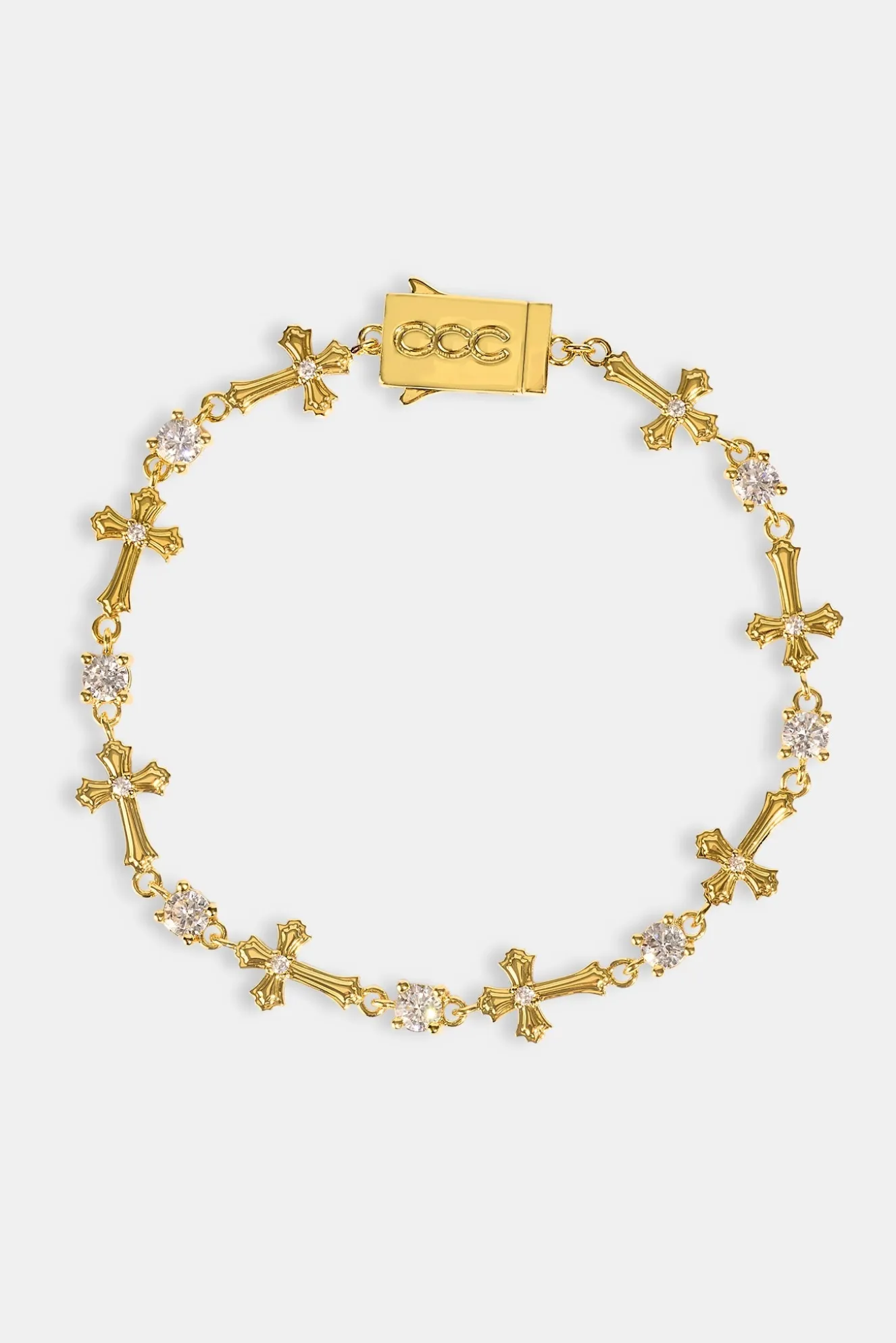 Polished Cross & Circular CZ Bracelet - 4mm - Gold