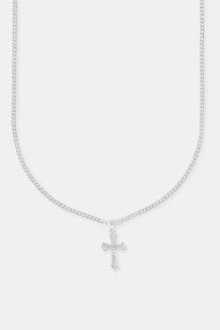 Polished Edge Blue Iced Cross Cuban Necklace - 25mm