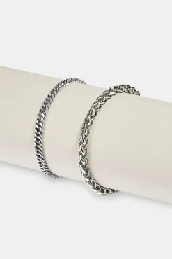 Polished Wheat Link Bracelet & Square Cuban Bracelet - 5mm - White