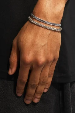 Polished Wheat Link Bracelet & Square Cuban Bracelet - 5mm - White