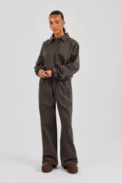 Polo Sweatshirt & Wide Leg Jogger - Coffee
