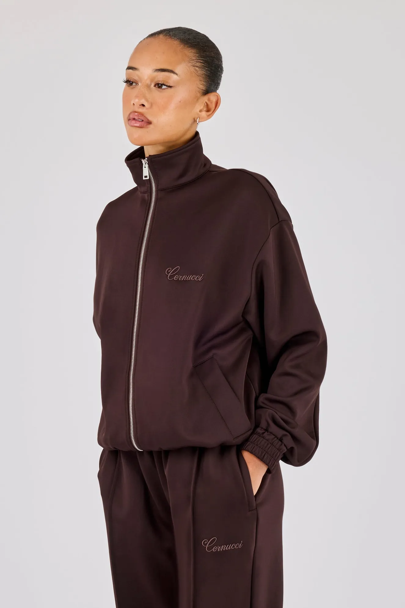 Poly Embroidered Track Jacket - Brown