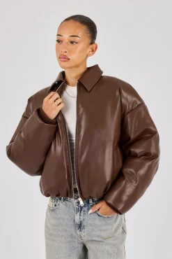 PU Padded Collared Bomber Jacket - Brown