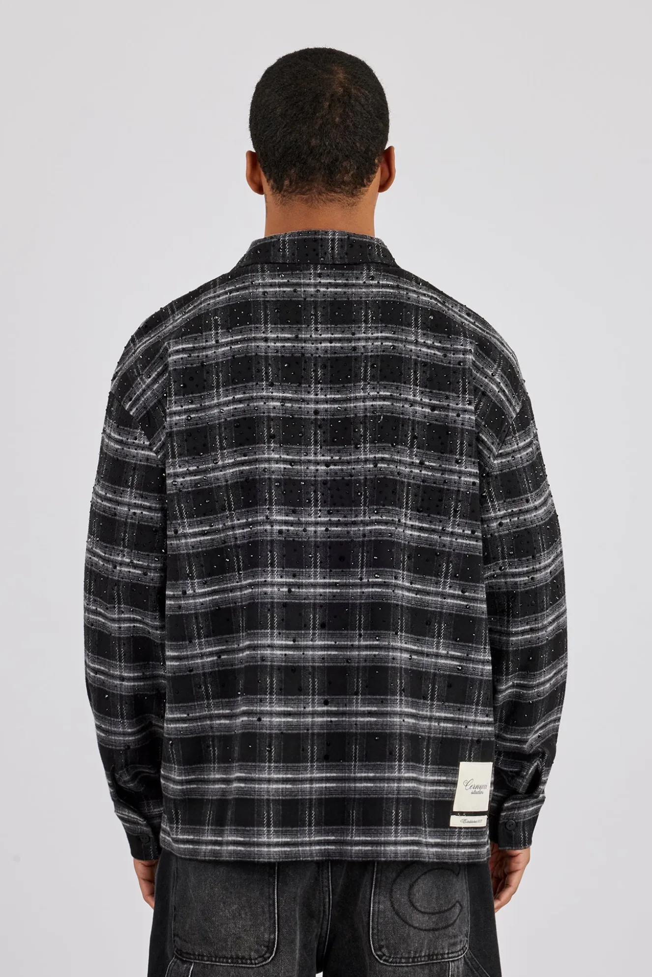 Rhinestone Check Shirt - Black