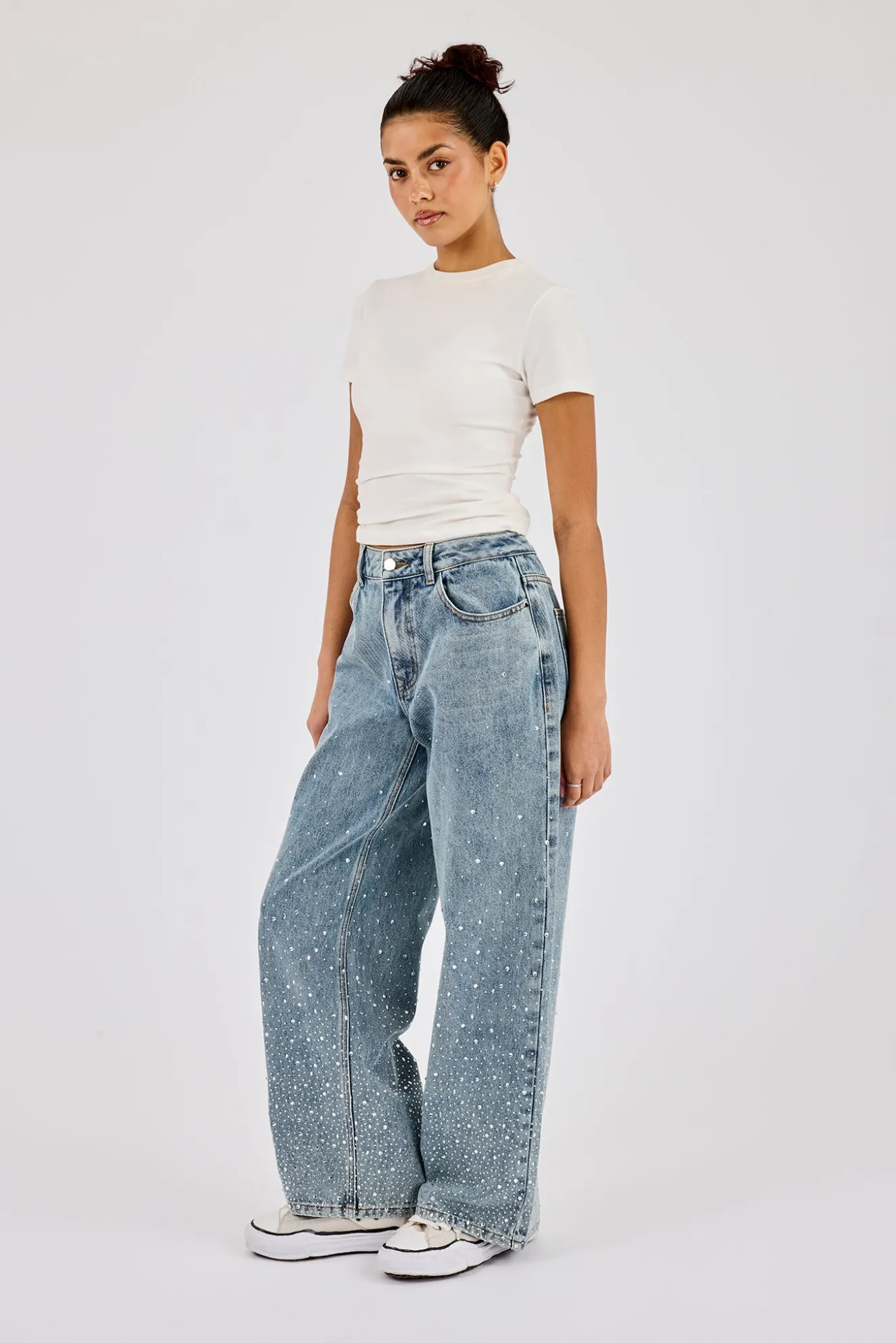 Rhinestone Detail Baggy Jean - Antique Wash