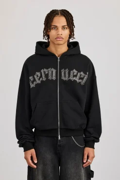 Rhinestone Logo Zip Hoodie - Black