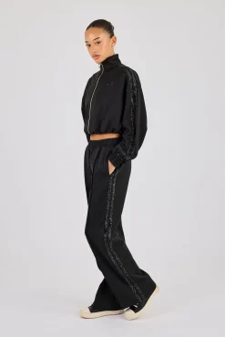 Rhinestone Taping Cropped Funnel Neck Tracksuit - Black