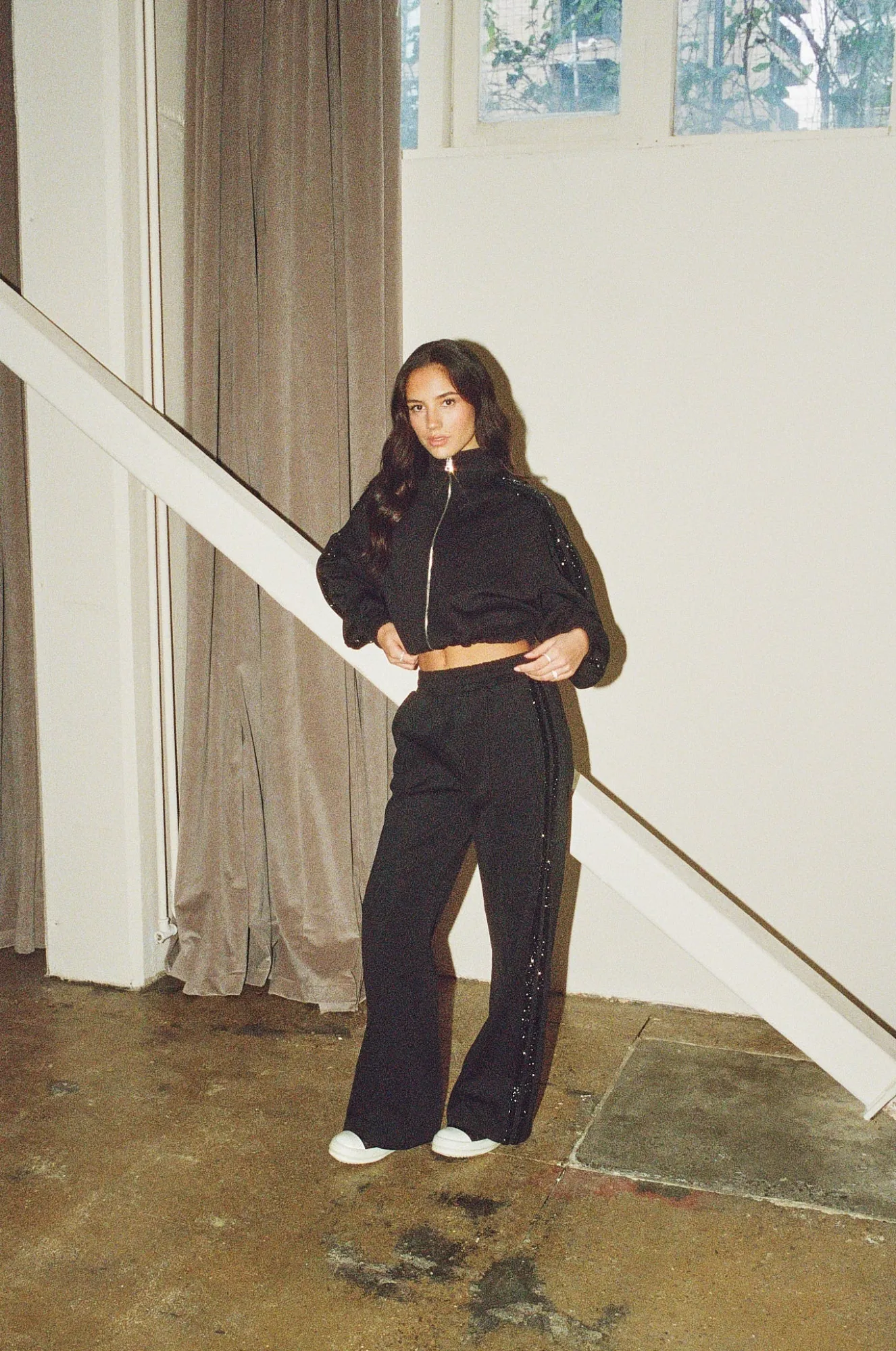 Rhinestone Taping Cropped Funnel Neck Jacket - Black