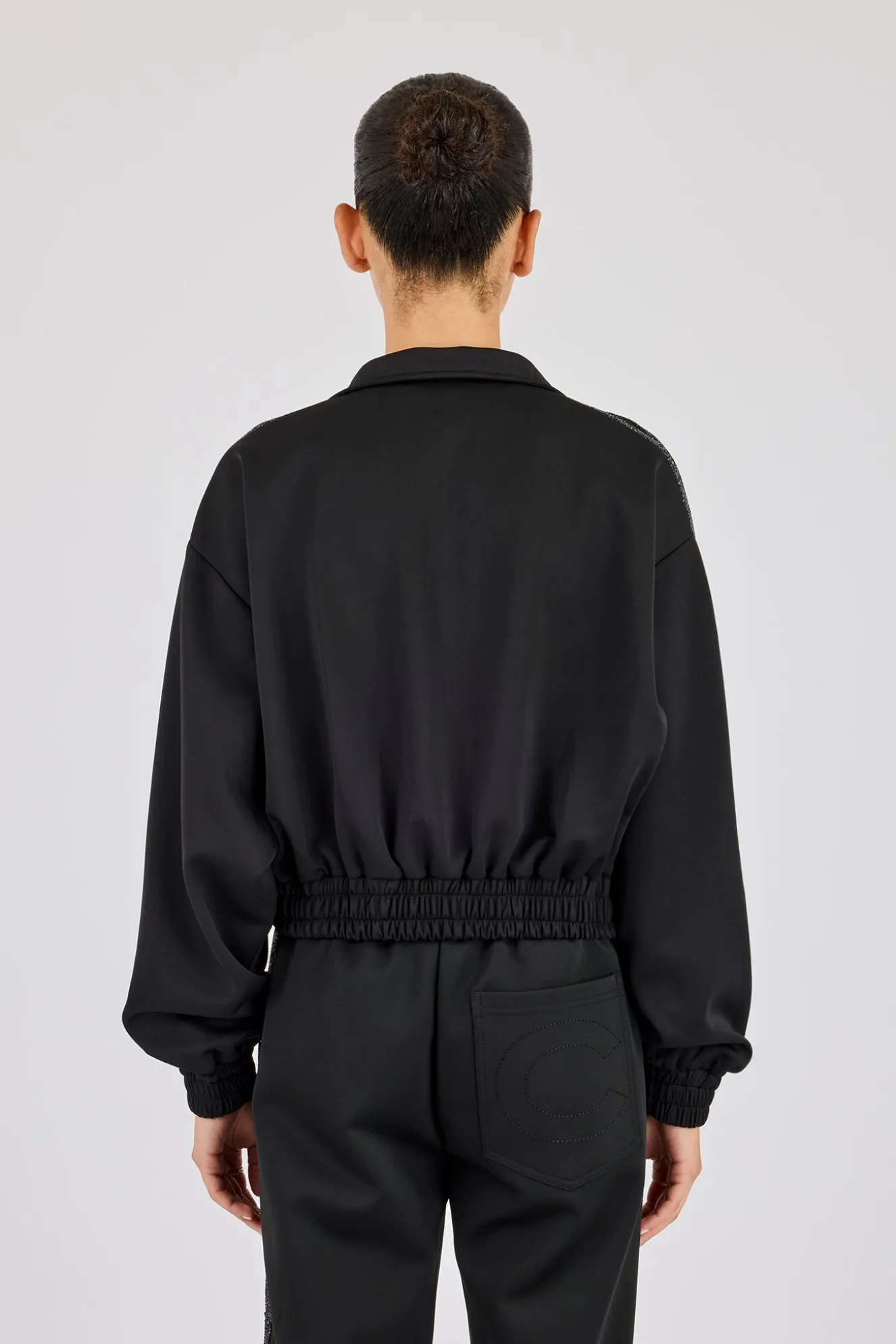 Rhinestone Taping Cropped Funnel Neck Jacket - Black