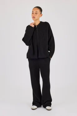 Ribbed Knit Collarless Bomber - Black