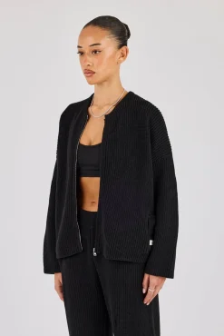 Ribbed Knit Collarless Bomber - Black