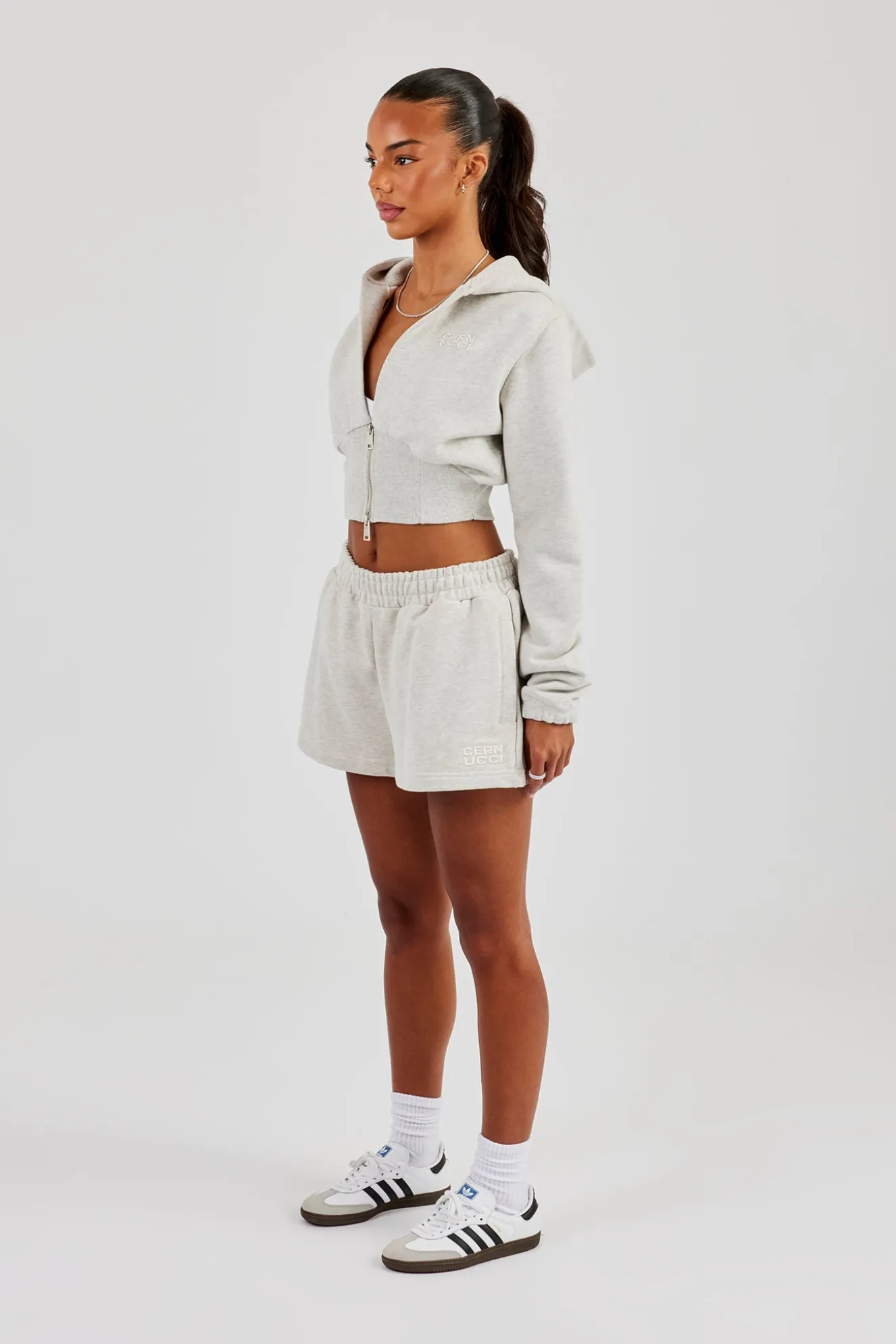 Rib Contrast Fitted Zip Hoodie & Embroidered Short - Ash Grey