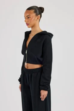 Rib Contrast Fitted Zip Hoodie - Black