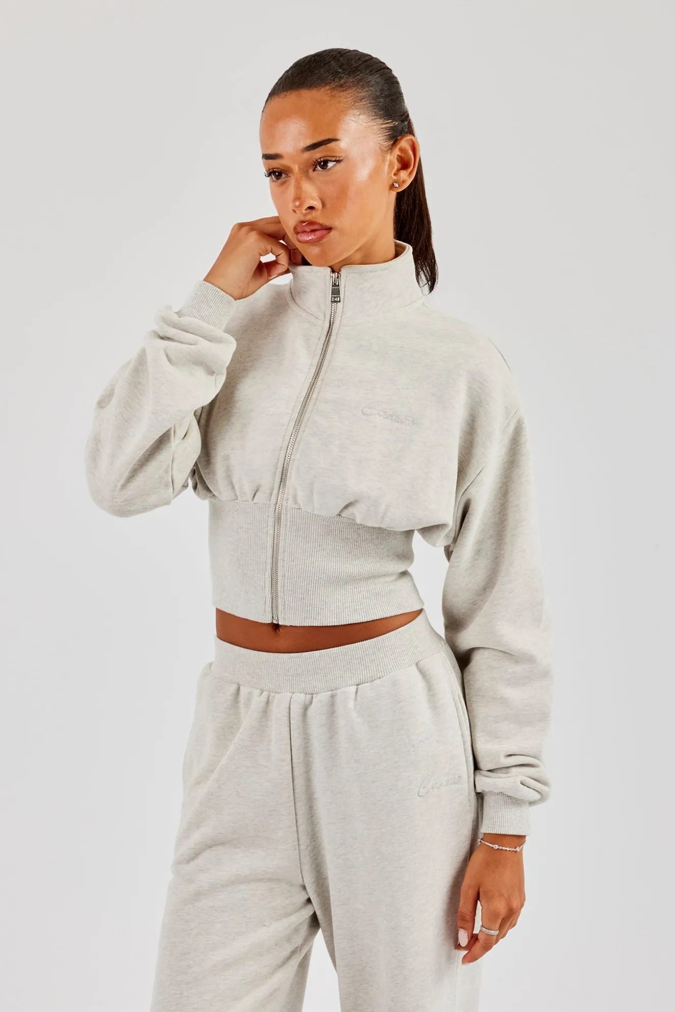 Rib Zip Through Funnel Neck Sweat - Ash Grey