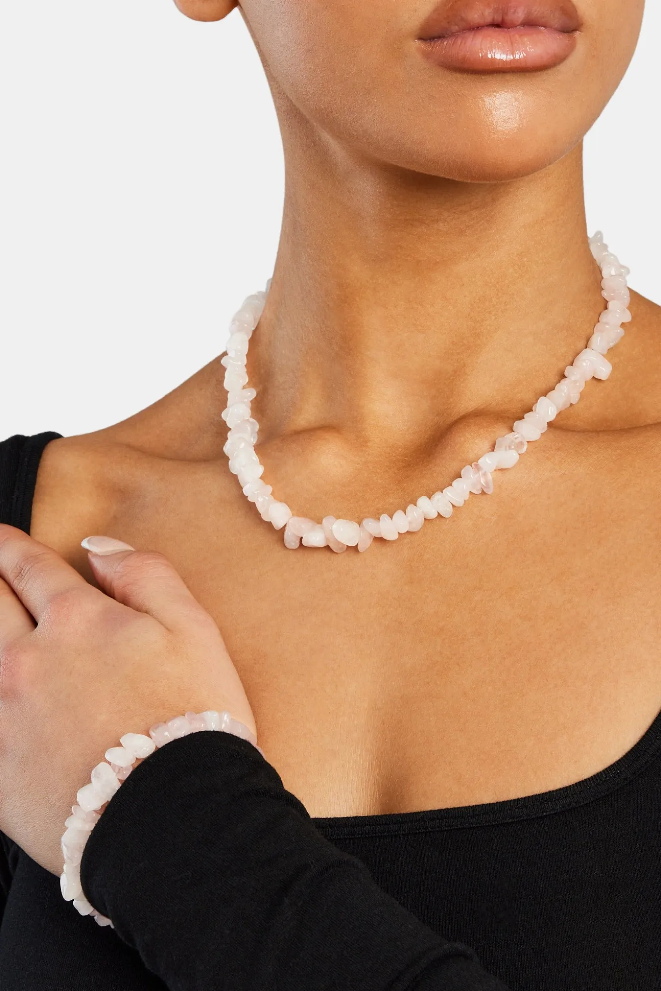 Rose Quartz Shard Bead Necklace - White - 6mm