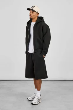 Scuba Zip Through Boxy Hoodie & Jort - Black