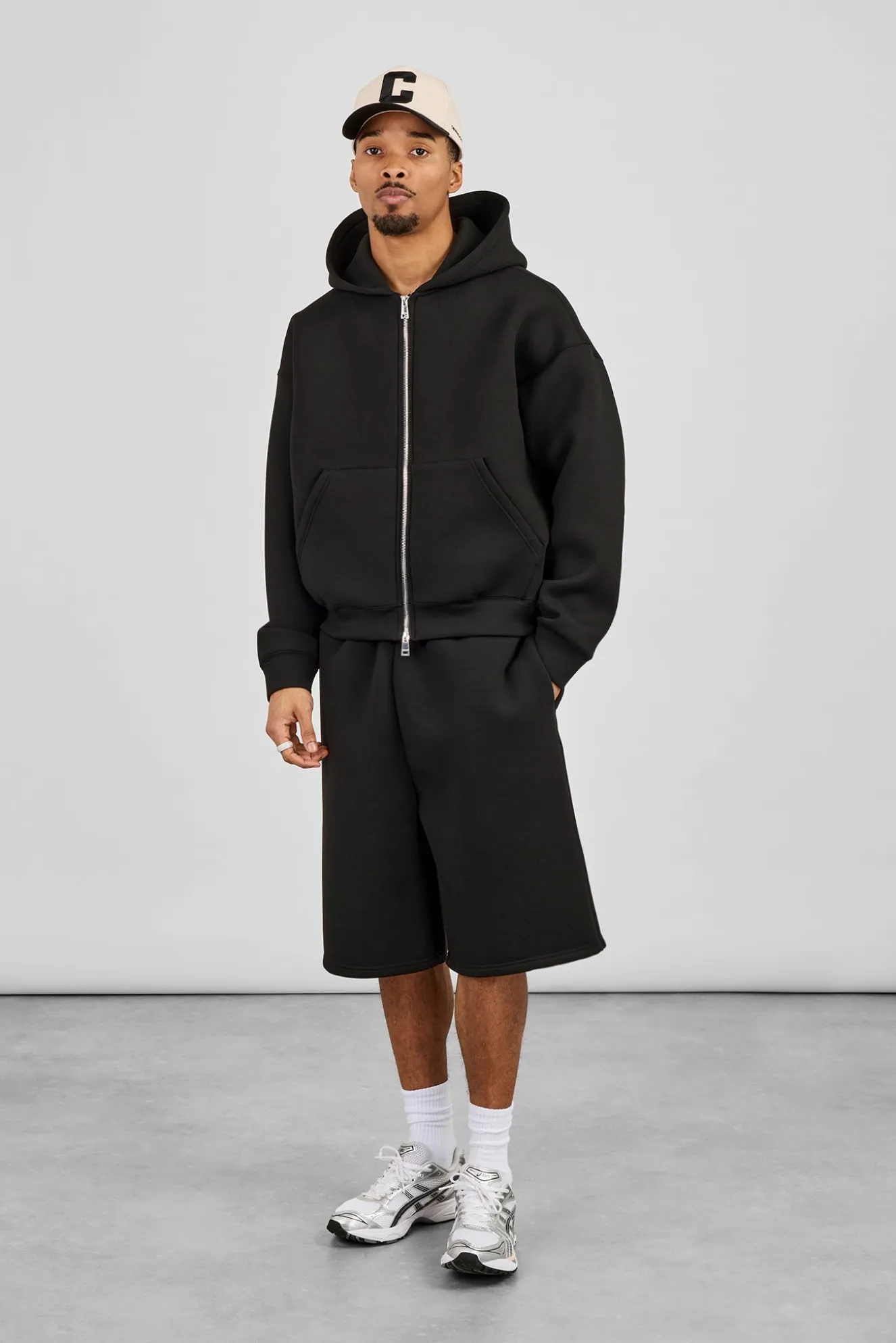 Scuba Zip Through Boxy Hoodie & Jort - Black