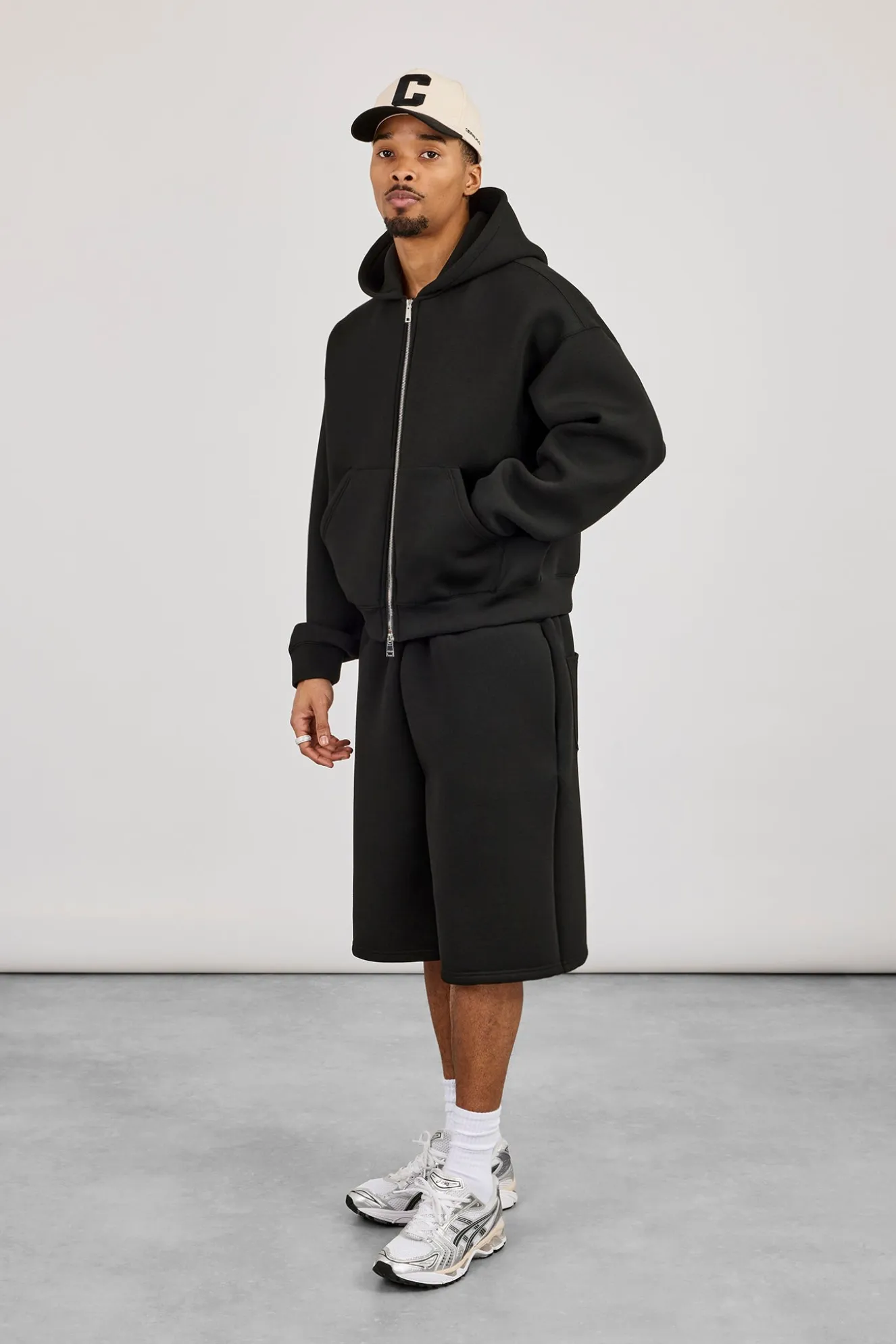 Scuba Zip Through Boxy Hoodie & Jort - Black