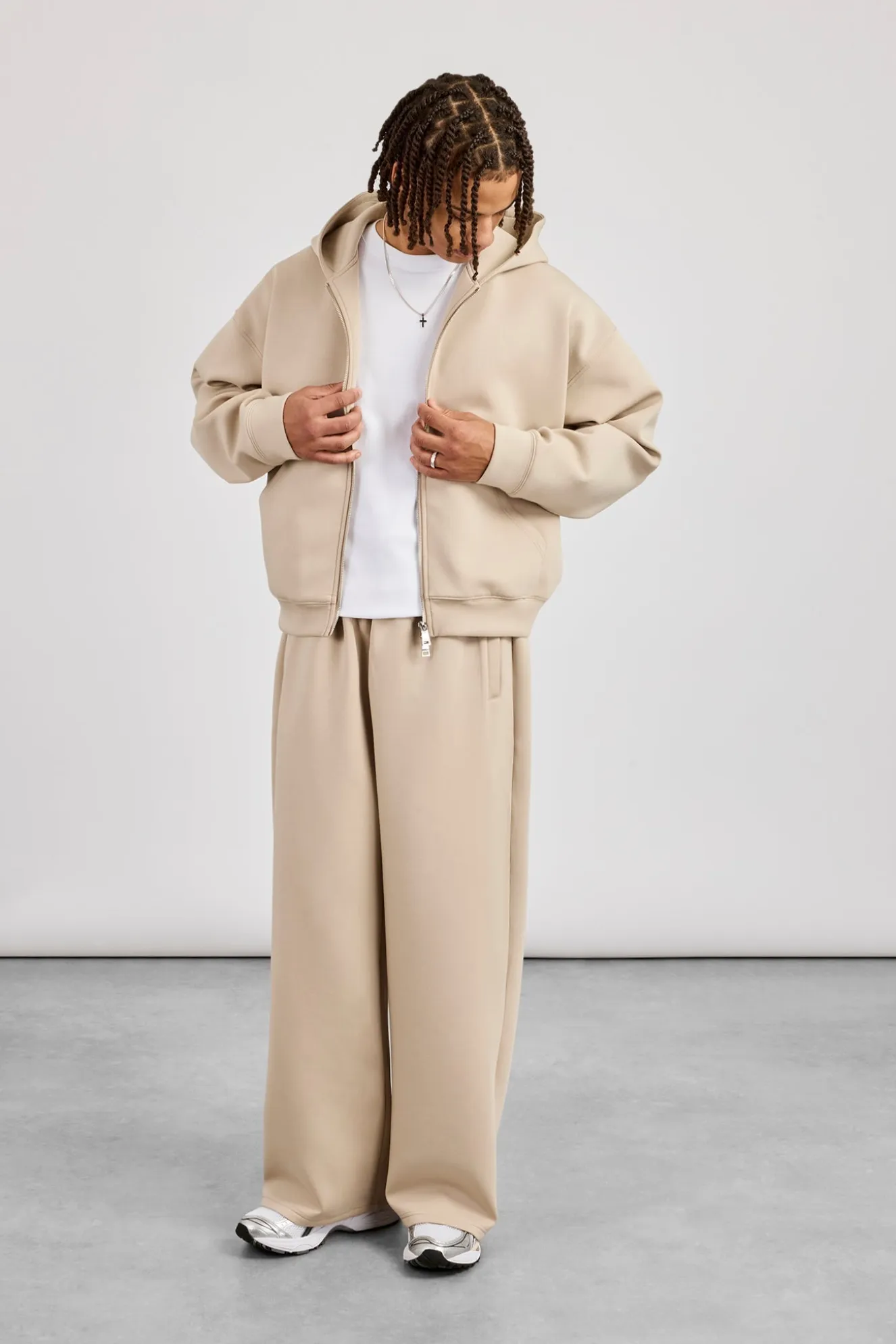 Scuba Zip Through Boxy Hoodie & Baggy Fit Trouser - Stone