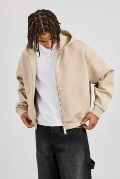 Scuba Zip Through Boxy Hoodie - Stone