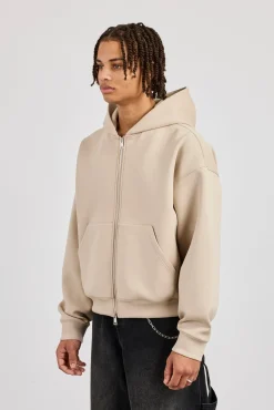 Scuba Zip Through Boxy Hoodie - Stone