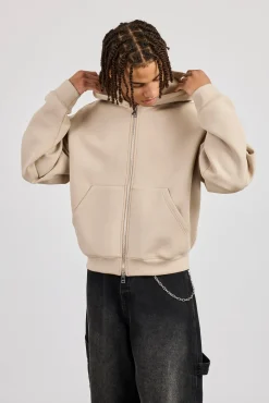 Scuba Zip Through Boxy Hoodie - Stone